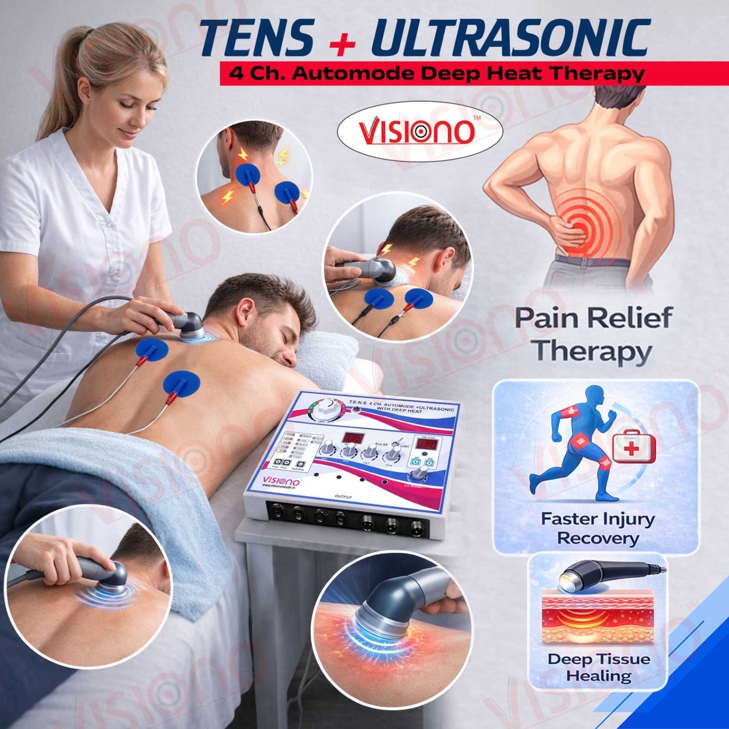 Visiono 4 Channel TENS + Ultrasound + Heat Therapy Combo