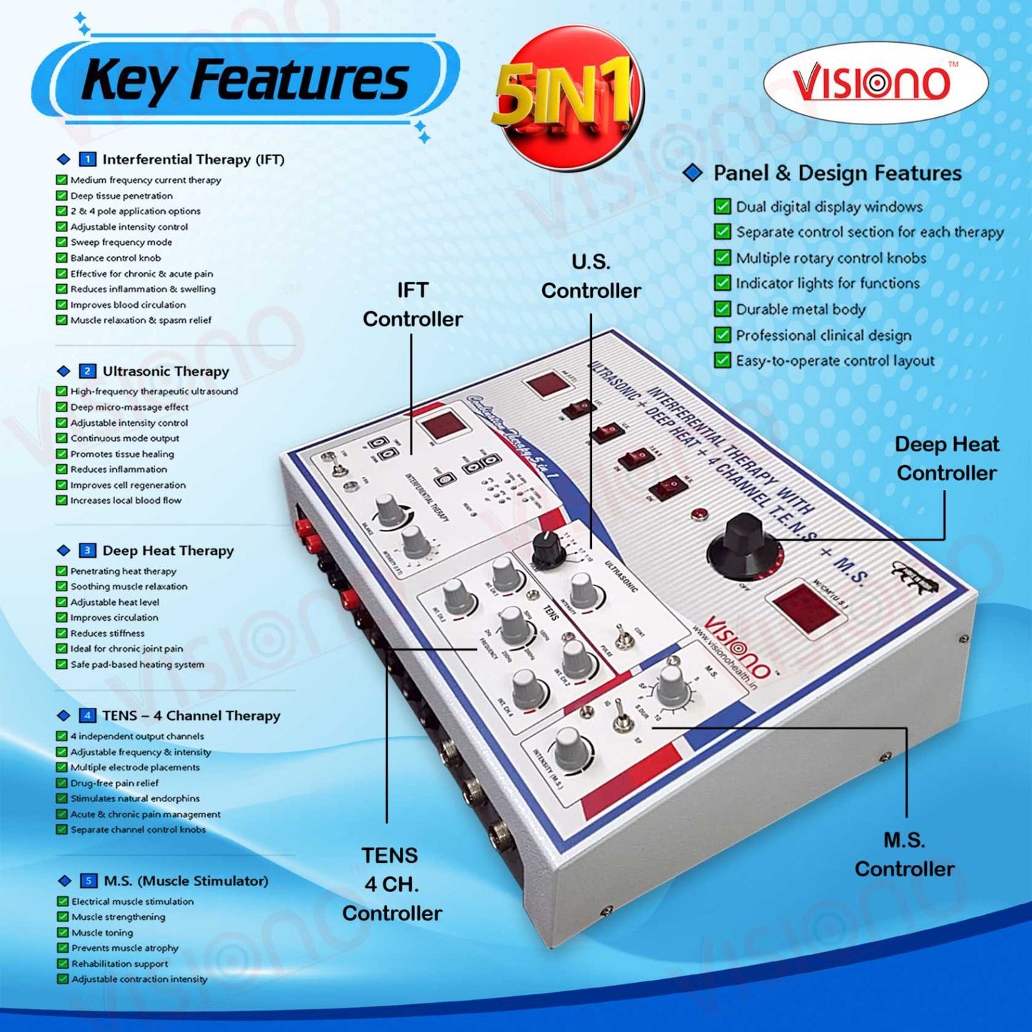 5 in 1 Combination Therapy Machine (IFT + Ultrasonic + Deep Heat + TENS + Muscle Stimulator)