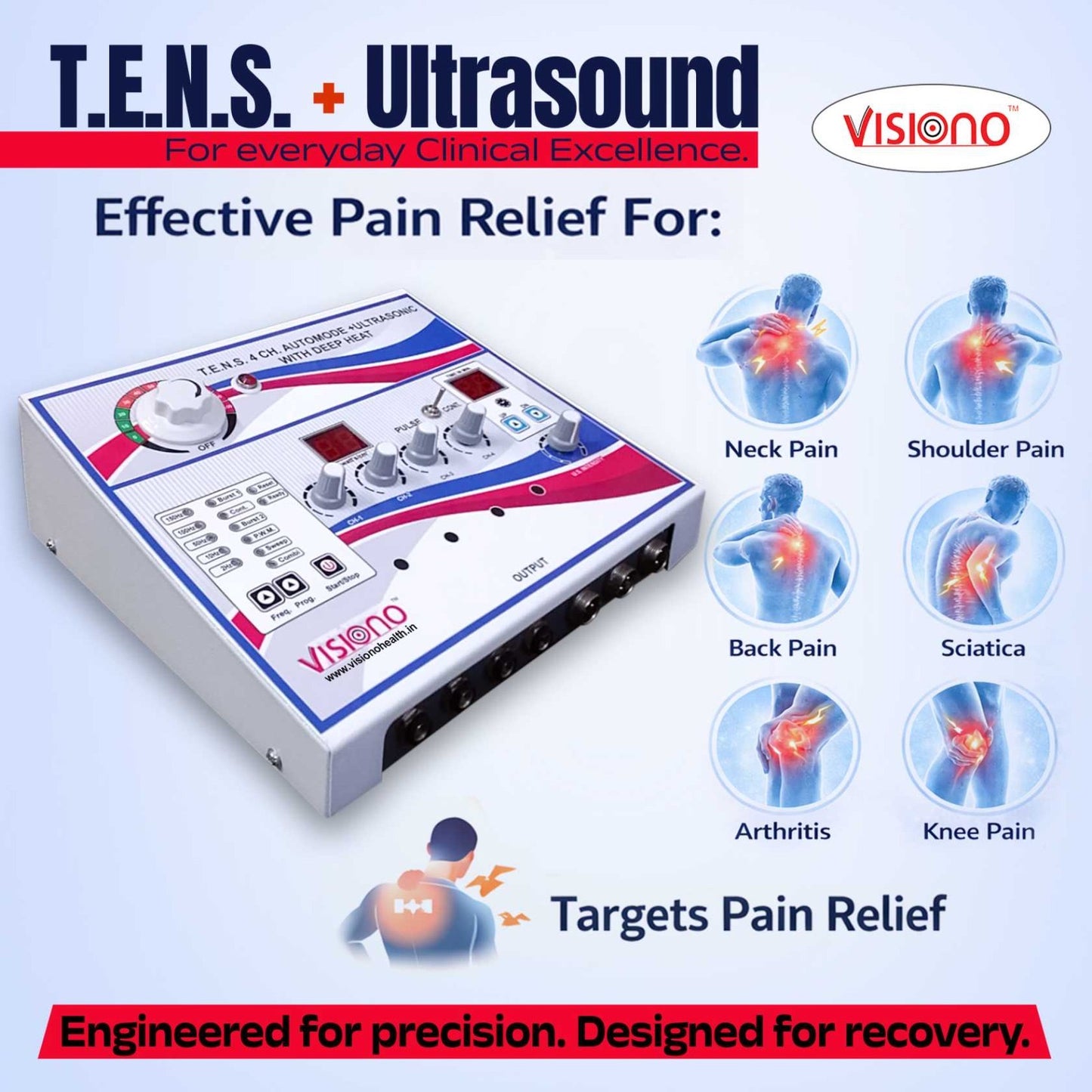 Visiono 4 Channel TENS + Ultrasound + Heat Therapy Combo