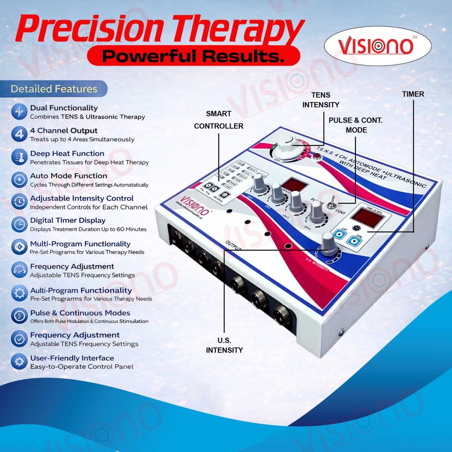 Visiono 4 Channel TENS + Ultrasound + Heat Therapy Combo