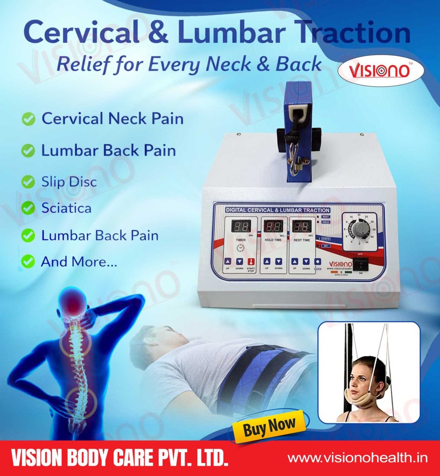 VISIONO Digital Cervical & Lumbar Traction Machine – Advanced Spinal Decompression Therapy System