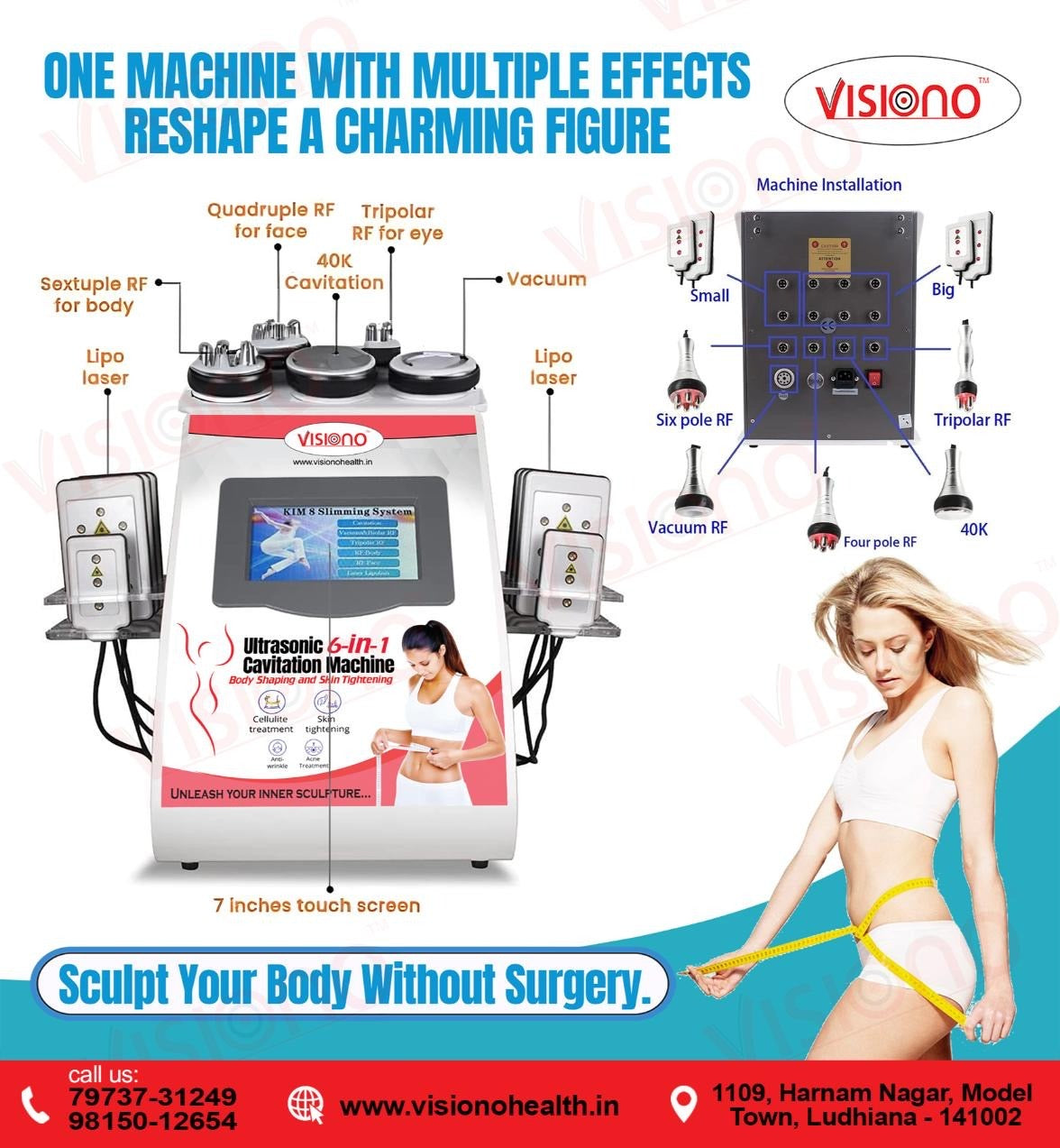 6 1 Body Lipo Cavitation Machine, Fat Removal, Skin Tightening Machine Equipment, 8 Pads Laser Vacuum