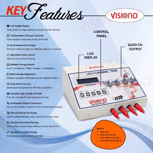 Visiono LCD 4 Channel TENS Machine – Clinical Performance Pain Relief Device