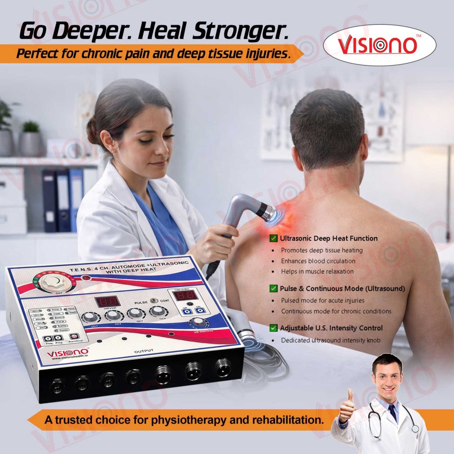 Visiono 4 Channel TENS + Ultrasound + Heat Therapy Combo