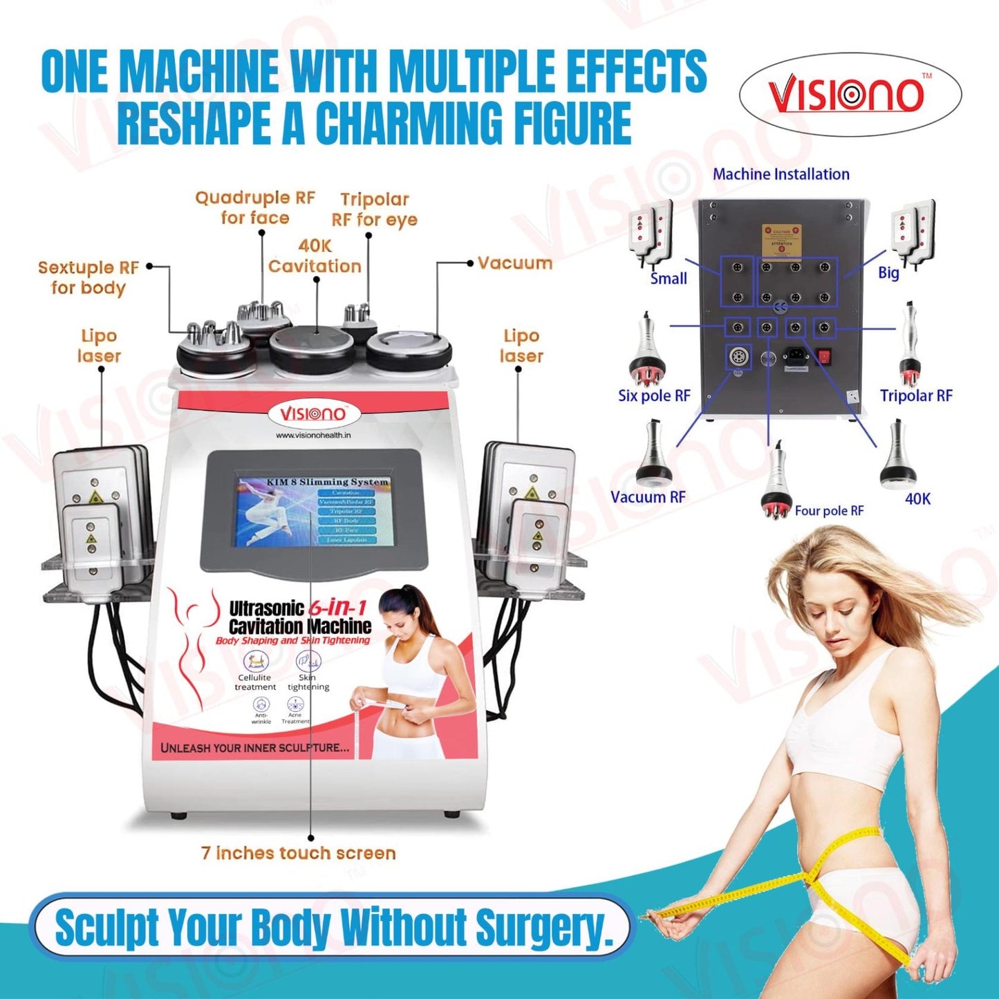 6 1 Body Lipo Cavitation Machine, Fat Removal, Skin Tightening Machine Equipment, 8 Pads Laser Vacuum