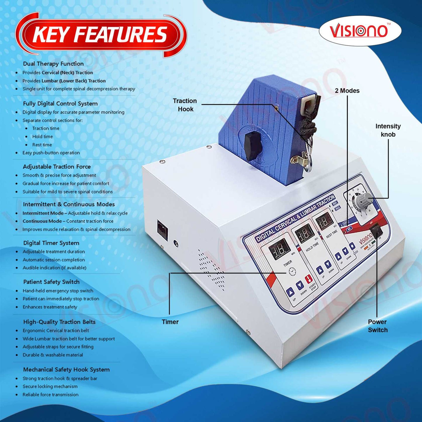 VISIONO Digital Cervical & Lumbar Traction Machine – Advanced Spinal Decompression Therapy System